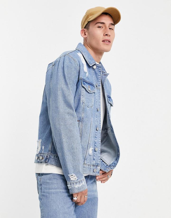 Asos Design Classic Denim Jacket In Mid Wash Blue With Rips