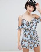New Look Floral Printed Cheesecloth Romper - Blue