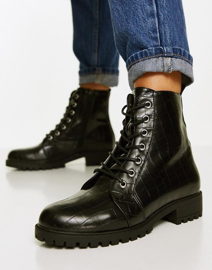 Accessorize Flat Lace Up Ankle Boots In Black Croc