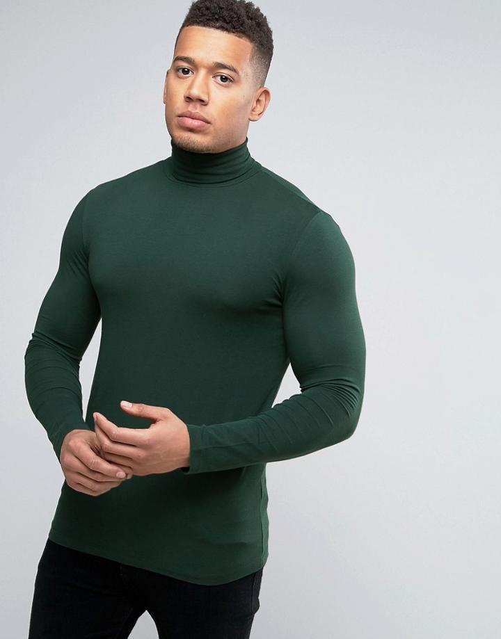 New Look Muscle Fit Roll Neck Top In Dark Green - Green