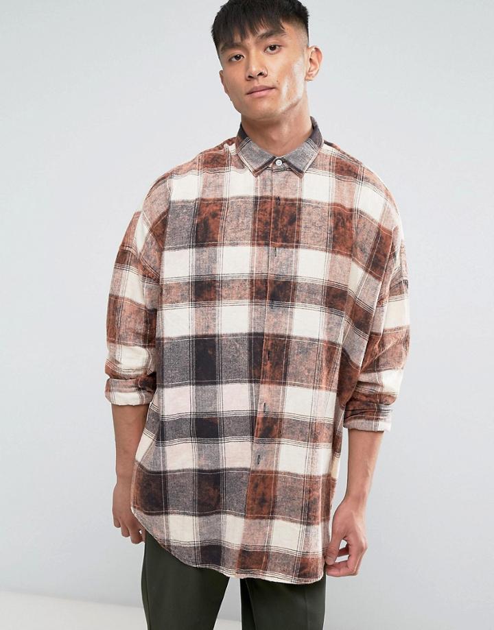 Asos Oversized Drop Shoulder Check Shirt With Towel Wash - Beige