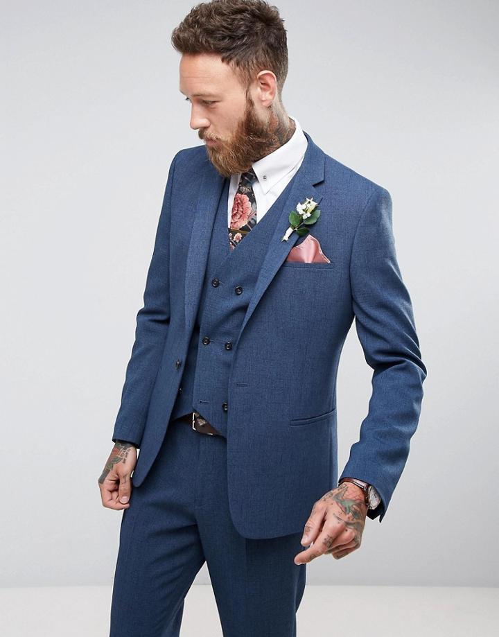 Asos Wedding Slim Suit Jacket In Cross Hatch With Printed Lining - Navy