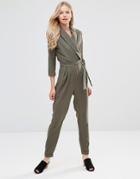 Alter Tailored Wrap Front Jumpsuit With Tie Belt - Green