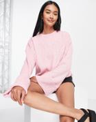 Asos Design Crew Neck Sweater With Turned Back Cuffs In Pink