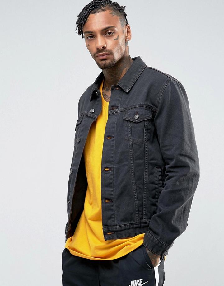 Asos Denim Jacket In Black With Burgundy Stitching - Gray