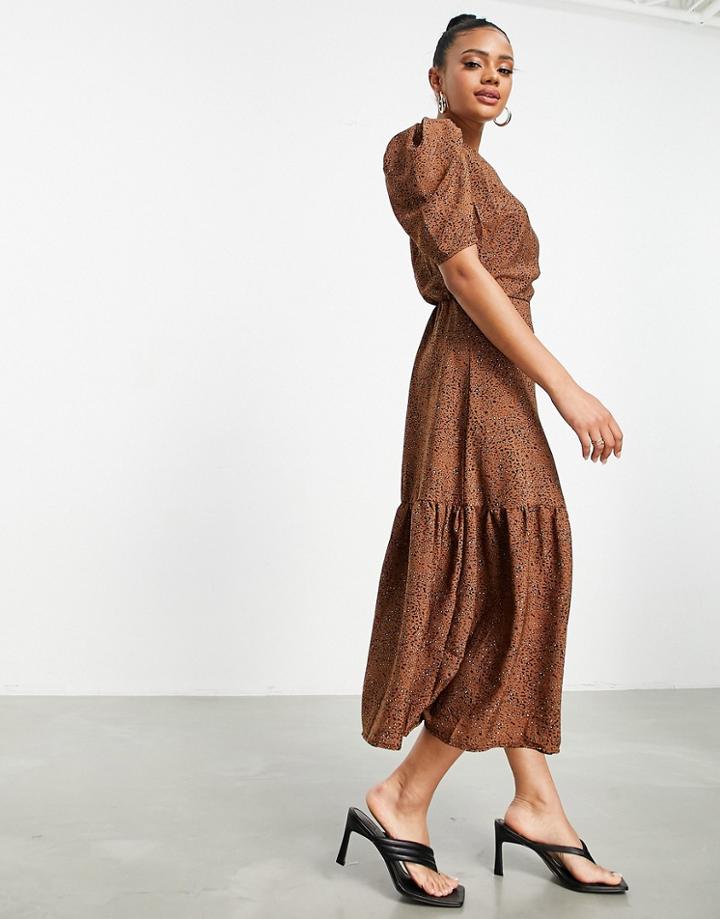 Ax Paris Round Neck Midi Dress In Brown Polka Dot