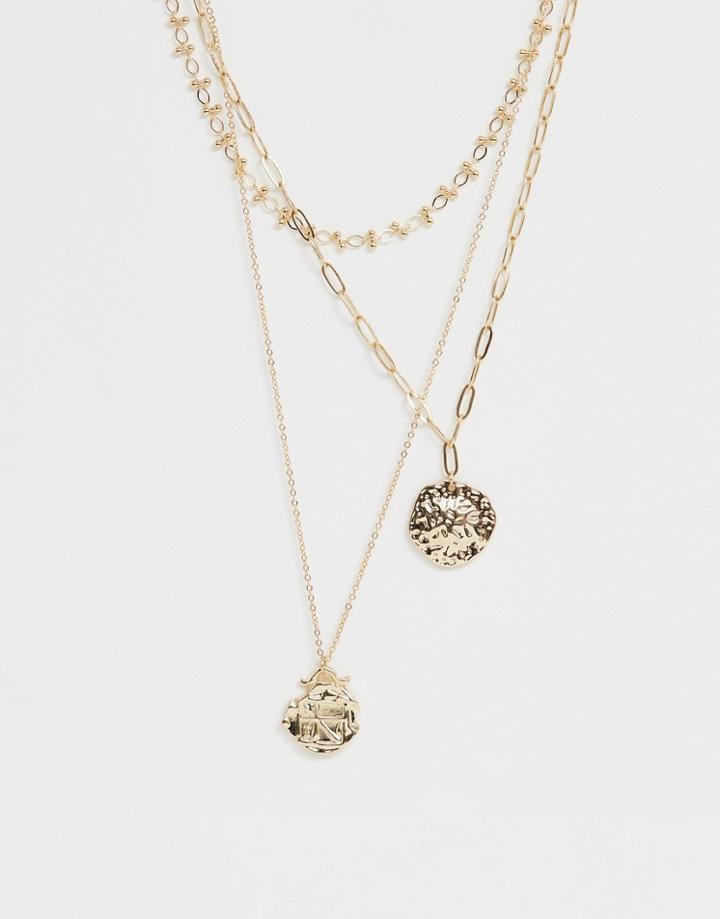 Asos Design Multirow Necklace With Mixed Link Chains And Worn Coin Pendants In Gold Tone - Gold