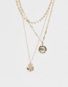 Asos Design Multirow Necklace With Mixed Link Chains And Worn Coin Pendants In Gold Tone - Gold