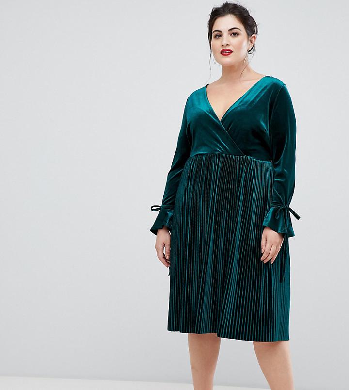 Lovedrobe Wrap Front Velvet Dress With Pleated Skirt In Emerald Green - Green