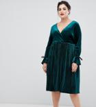 Lovedrobe Wrap Front Velvet Dress With Pleated Skirt In Emerald Green - Green