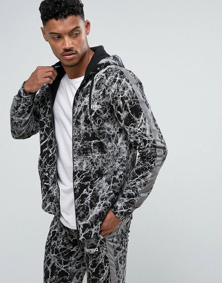 Defend London Zip Up Hoodie With Reflective Stripe - Black