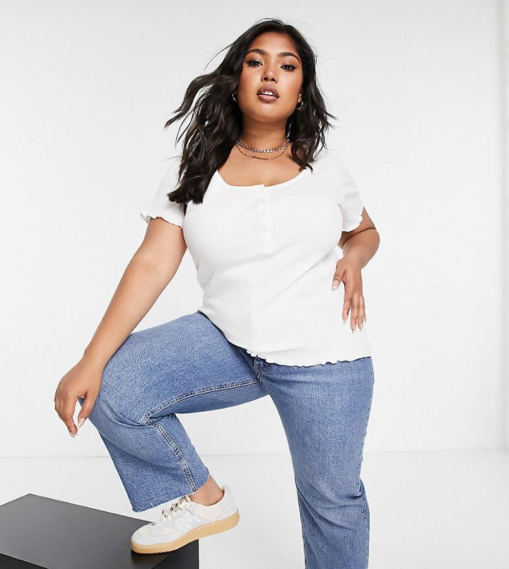 Simply Be Short Sleeve Ribbed T-shirt With Snaps Detail In White