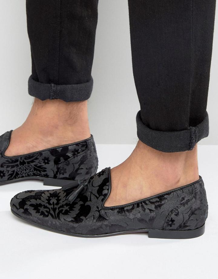Asos Loafers In Black Burn Out Floral Embroidery - Black
