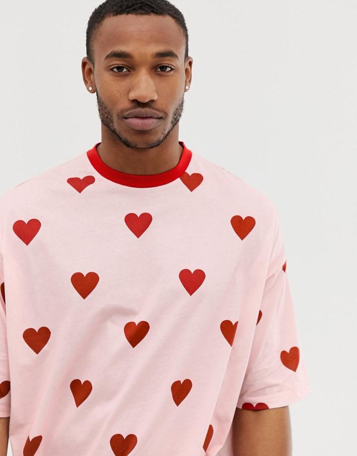 Asos Design Valentines Oversized Fit T-shirt With All Over Heart Print - Pink