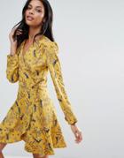 Liquorish Swallow Print Wrap Front Long Sleeve Dress - Yellow