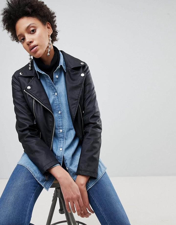 Stradivarius Leather Look Biker Jacket - Black