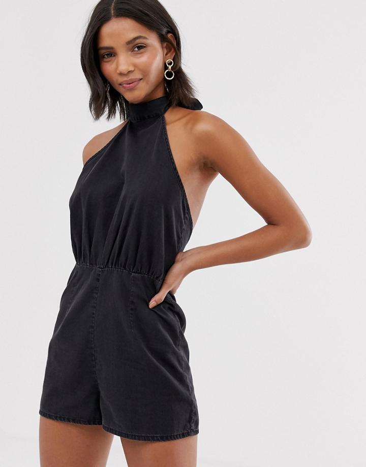 Asos Design Denim Halterneck Romper In Washed Black