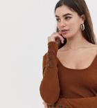 Asos Design Tall Crop Top With Scoop Neck And Long Sleeve With Buttons-brown