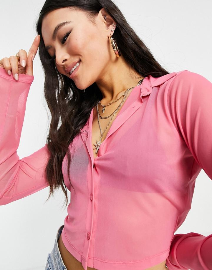 Asos Design Mesh Crop Fitted Shirt In Pink