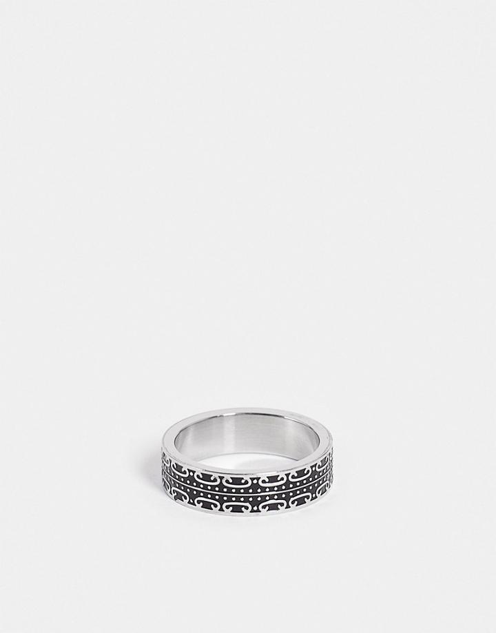 Asos Design Waterproof Stainless Steel Band Ring With Embossing In Silver Tone