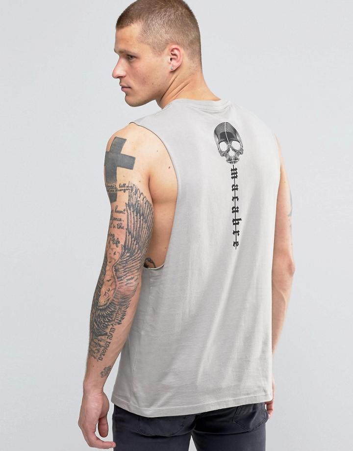 Asos Sleeveless T-shirt With Gothic Back Print And Dropped Armhole - Gray