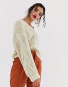 Asos Design Cardigan In Lofty Yarn With Volume Cable Sleeve - Cream