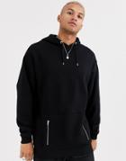 Asos Design Oversized Longline Hoodie In Black With Silver Zip Pockets