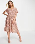 Qed London Wrap Tie Waist Midi Dress In Floral Print-red