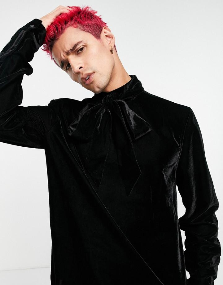 Asos Design Velvet Shirt With Pussybow Tie Neck In Black