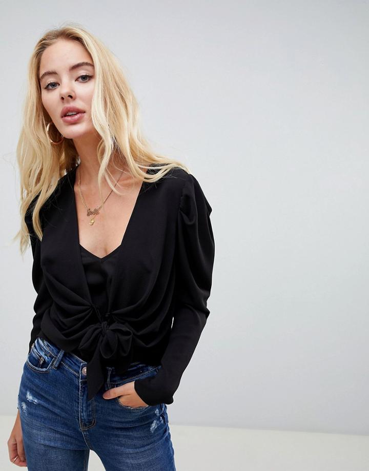 Asos Design Knot Front Blouse With Ruched Sleeve Detail-black