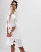 En Cr Me Midi Dress With Floral Embroidery - White