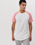 Jack & Jones Originals Longline Curved Hem Raglan Sleeve T-shirt In White/pink