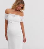 Chi Chi London Maternity Crochet Lace Midi Dress With Bardot Sleeve In White - White