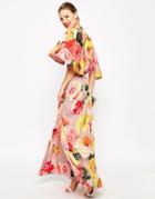 Asos Wedding Pleated Maxi Dress With Drape Back Cape Sleeve - Print