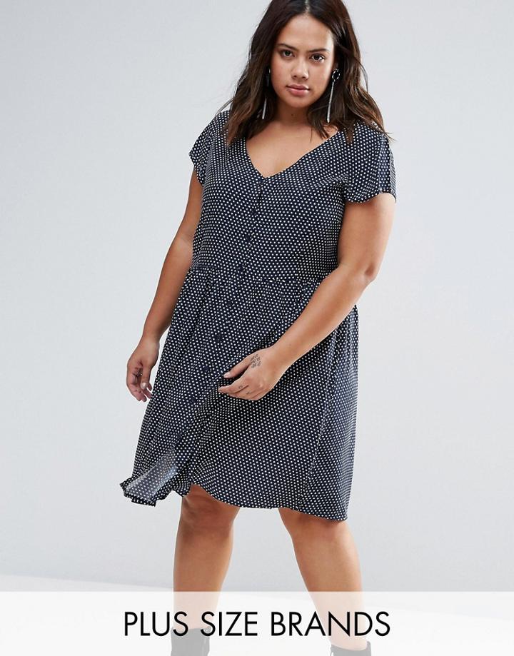 Brave Soul Plus Smock Dress In Polka Dot Print - Navy