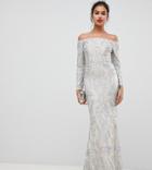 Bariano Embellished Patterned Sequin Off Shoulder Maxi Dress In Silver