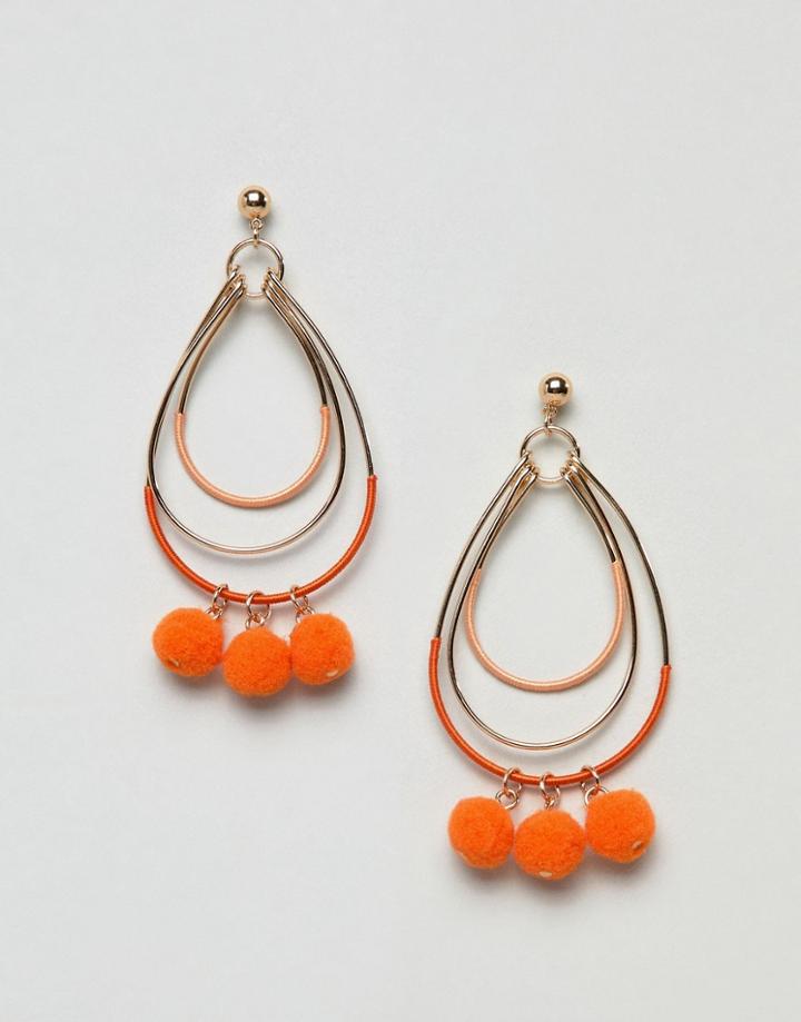 Asos Design Color Wrapped And Pom Pom Hoop Drop Earrings - Gold