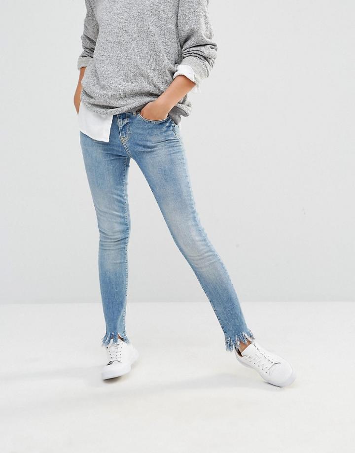 Noisy May Shredded Hem Ankle Grazer Jeans - Pale Blue