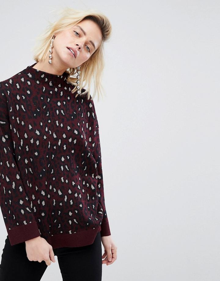 Warehouse Animal Sparkle Print Sweater - Red