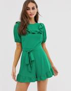 Asos Design Prairie Tie Waist Romper With Frill Hem And Ruffle Detail-pink