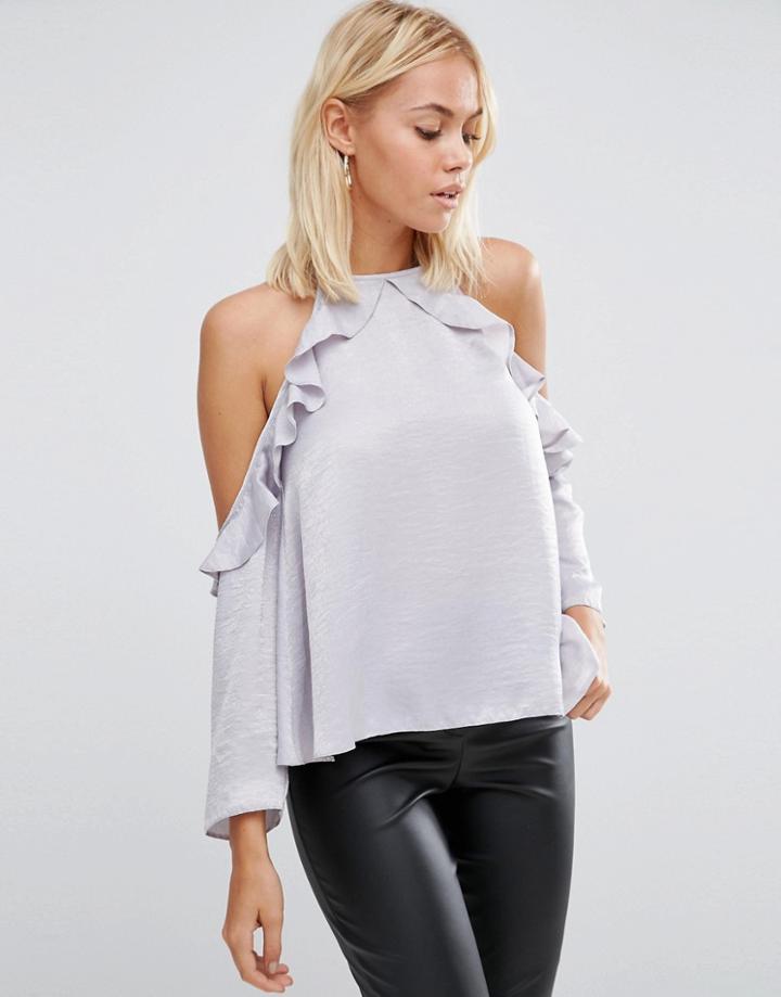 Asos Ruffle Cold Shoulder Top In Satin - Gray