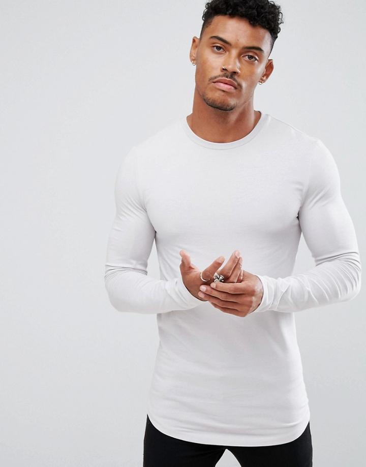Asos Super Longline Muscle Long Sleeve T-shirt With Curved Hem In Gray - Gray