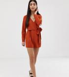 Asos Design Petite Wrap Romper With Tie Side-brown