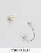Asos Sterling Silver Double Piercing & Pearl Stud Back - Silver