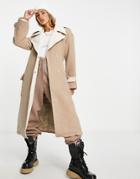 Vila Belted Wool Trench With Contrast Detail In Camel-neutral