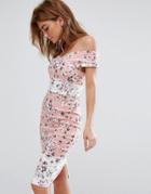 Vesper Bardot Midi Dress In Floral Print With Contrast Border - Pink
