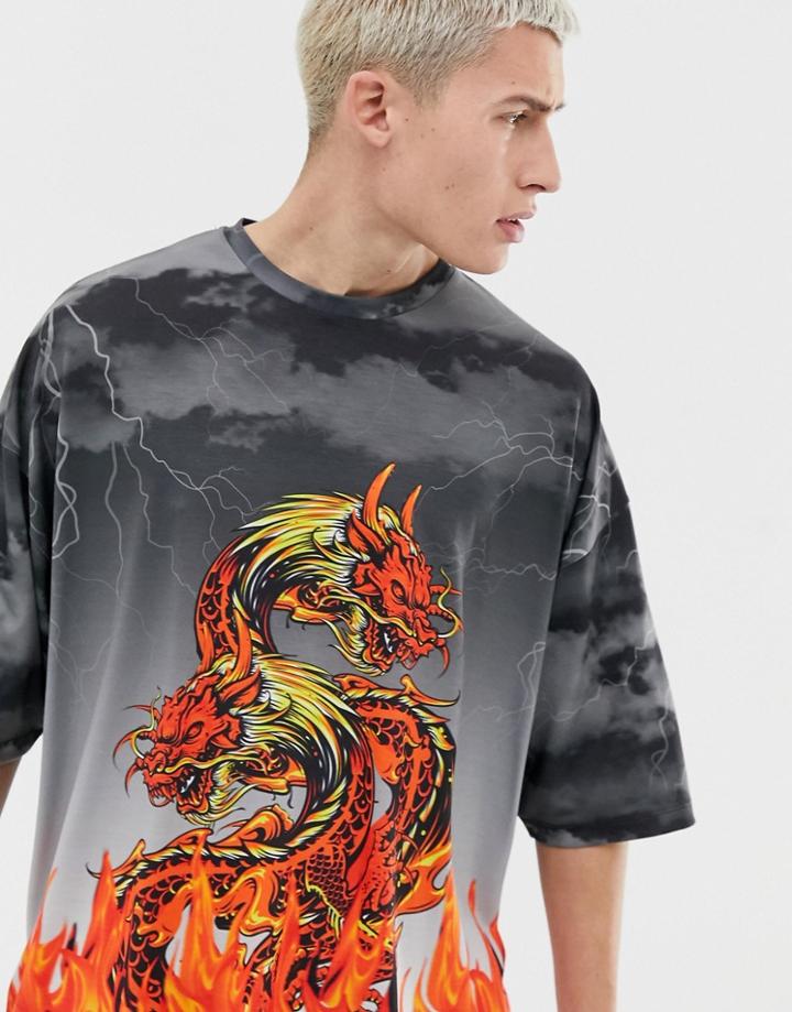 Asos Design Oversized T-shirt With Dragon And Fire Print - Black