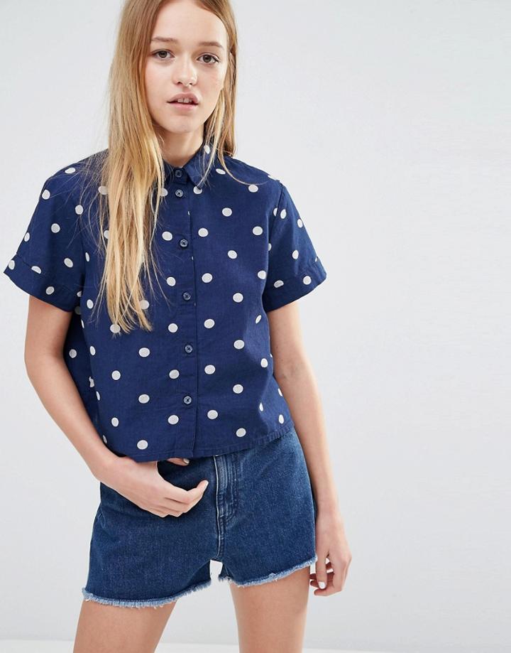 Monki Cropped Polka Dot Denim Shirt - Dot Fabric