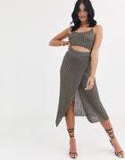 Asos Design Two-piece Metallic Wrap Midi Skirt-silver