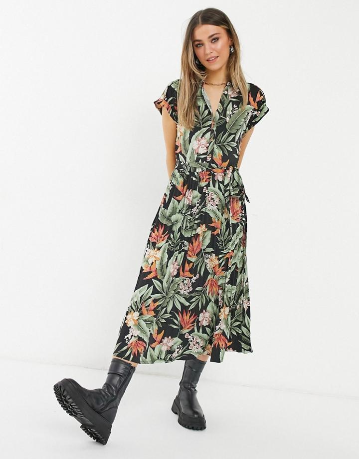 Oasis Pleated Midi Shirt Dress In Palm Print-multi